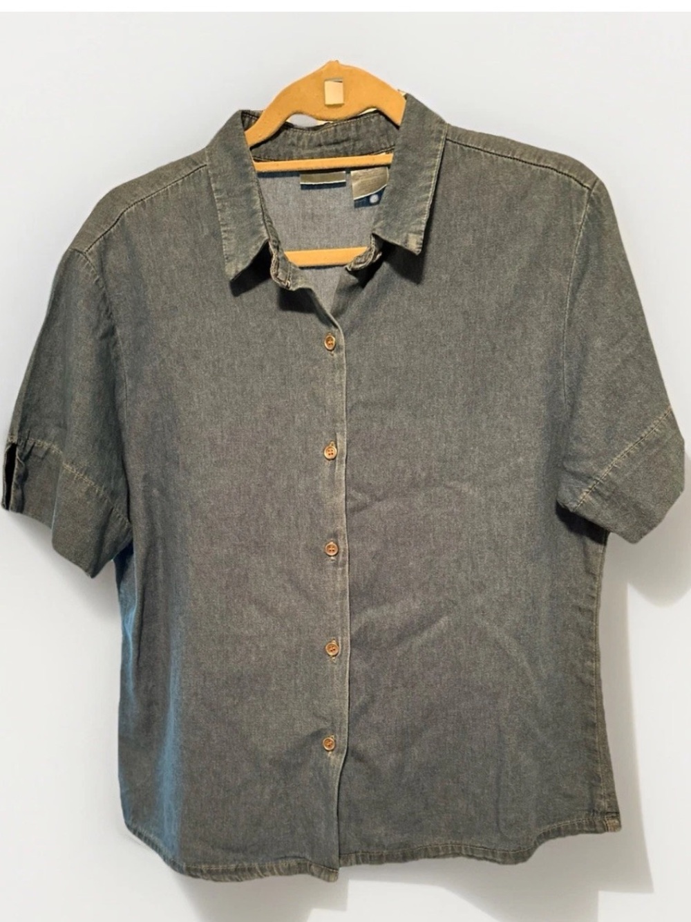 Vtg Y2K Women's Cotton Denim Collared Button-Up Short Sleeve Shirt Cottagecore L